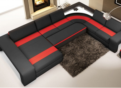 Wohnlandschaft Ecksofa mit LED & USB Sofa Polster Couch Garnitur U Form Leder