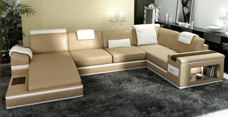 Ecksofa Sofa USB + LED Wohnlandschaft U Form Polster Couch Ledersofa Stoff Leder