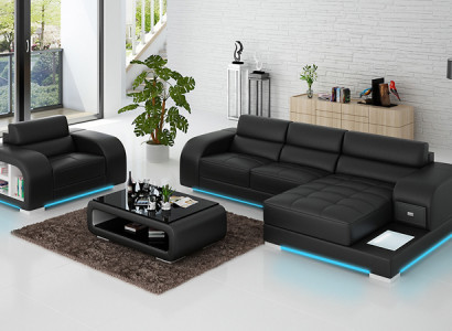 Ledersofa mit USB Couch Wohnlandschaft Ecksofa + Sessel Garnitur Design Sofa Neu