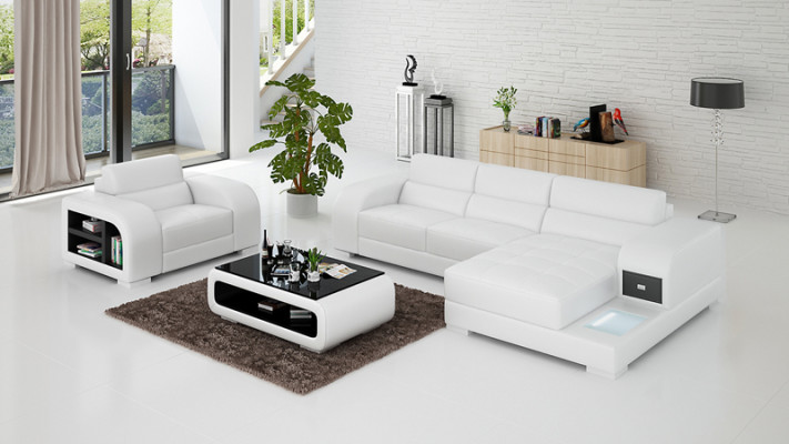 Ledersofa mit USB Couch Wohnlandschaft Ecksofa + Sessel Garnitur Design Sofa Neu
