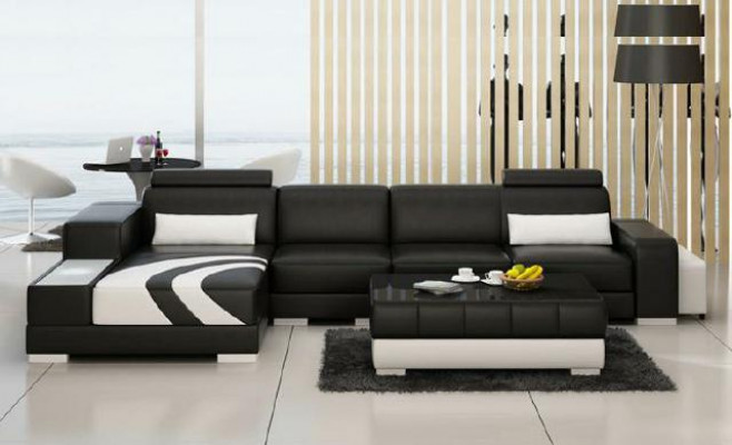 Sofa Couch Wohnlandschaft XXL Couch Ledersofa mit Ottomane Sofagarnitur V015