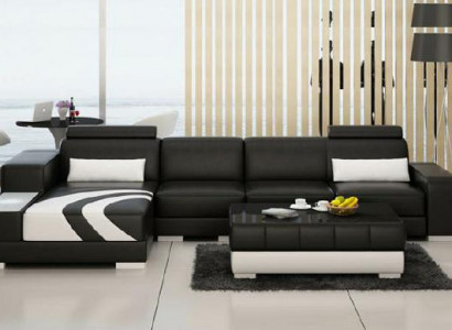 Sofa Couch Wohnlandschaft XXL Couch Ledersofa mit Ottomane Sofagarnitur V015