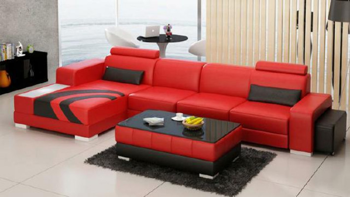 Sofa Couch Wohnlandschaft XXL Couch Ledersofa mit Ottomane Sofagarnitur V015