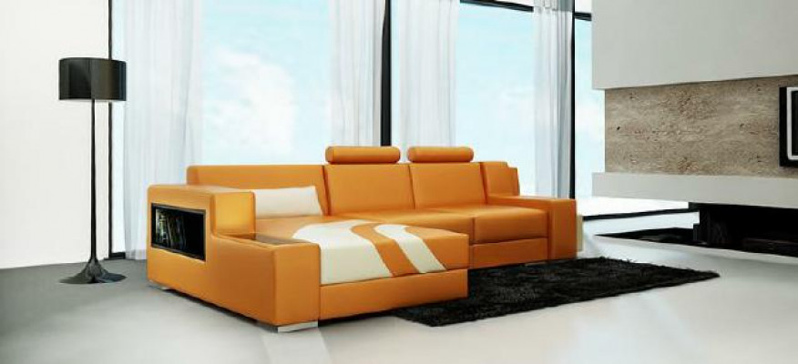 Sofa Couch Wohnlandschaft XXL Couch Ledersofa mit Ottomane Sofagarnitur V015