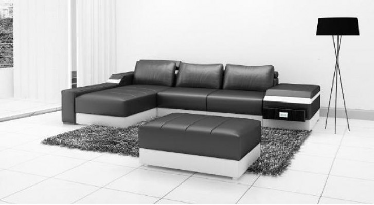 Ecksofa + USB Eck Sofa Couch Polster Leder Garnitur Wohnlandschaft Chaiselounge