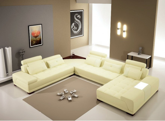 Ledersofa Sofa Polster Sitz Ecke Wohnlandschaft Couch Eckgarnitur PH376 Beige