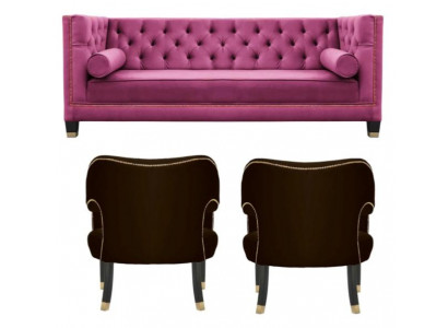 Rosa Chesterfield 2Sessel Schwarz Textil Modern Design Luxus Möbel Sofa Set Neu