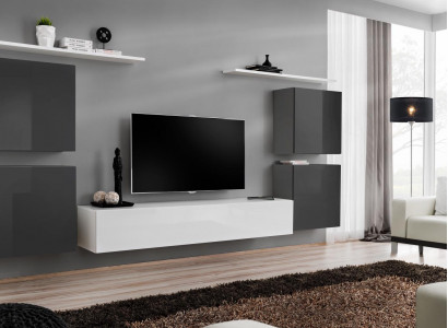 Wohnzimmer Weiß Wohnwand Set Wandregal TV-Ständer Holzmöbel 2x Vitrine Wohnwand