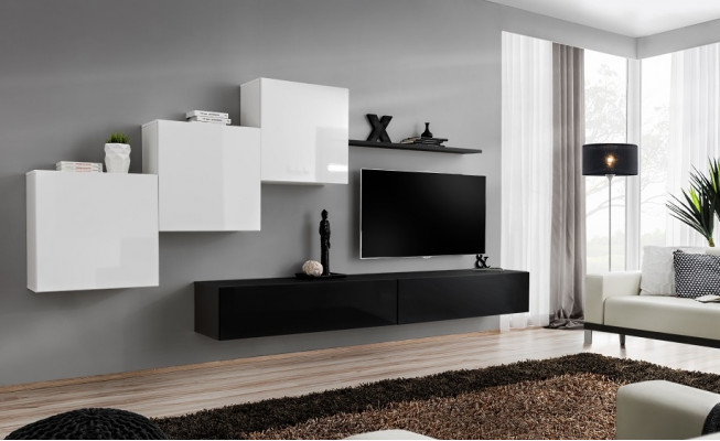 Wohnwand Schwarz Komplett TV-Ständer Wandregal Luxus Wandschrank Design