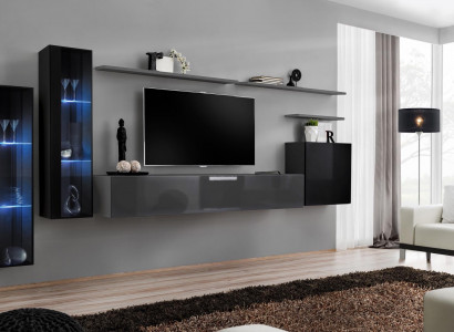 Wohnzimmer Holz Komplett Grau TV-Ständer Design 3x Wandschrank Luxus Wohnwand