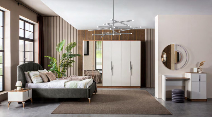 Modern Schlafzimmer Set Bett 2x Nachttische Schminktisch mit Spiegel Schrank Neu