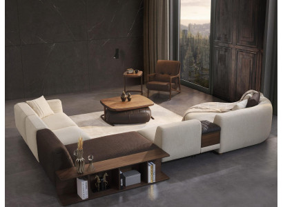 Wohnzimmer Garnitur Ecksofa U-Form Neu Sessel Luxus Holz Couchtisch Hocker