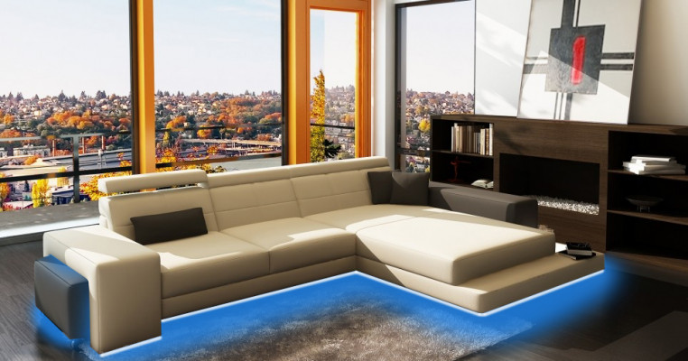 Ecksofa + USB Polster Sofa Wohnlandschaft Sitz Eck Garnitur Leder Textil Geroda