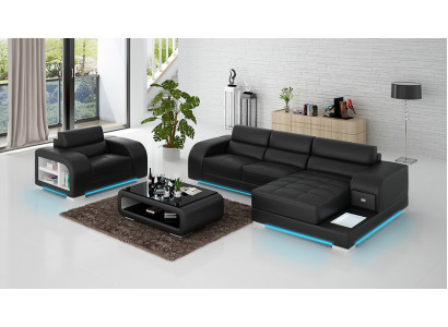 Ledersofa Couch Wohnlandschaft Ecksofa + Sessel Garnitur Design Sofa
