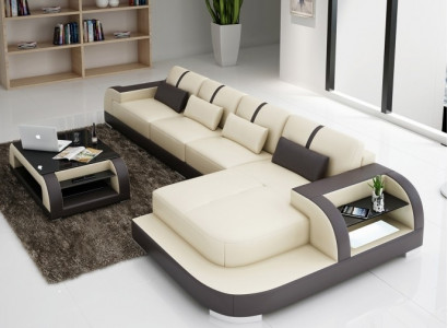 Ledersofa Ecksofa Eckcouch Polster Sitz Ecke Garnitur Wohnlandschaft H4 Weiß LED