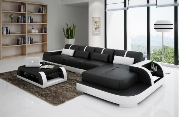 Ledersofa Ecksofa Eckcouch Polster Sitz Ecke Garnitur Wohnlandschaft H4 Weiß LED