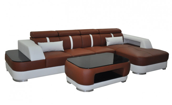 Leder Couch Polster Sitz Design Modern Eck Garnitur Sofa Wohnlandschaft+Tisch
