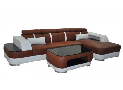 Leder Couch Polster Sitz Design Modern Eck Garnitur Sofa Wohnlandschaft+Tisch