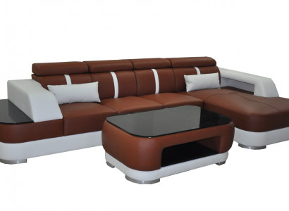 Leder Couch Polster Sitz Design Modern Eck Garnitur Sofa Wohnlandschaft+Tisch