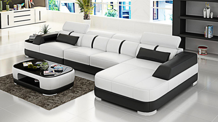 Leder Couch Polster Sitz Design Modern Eck Garnitur Sofa Wohnlandschaft+Tisch