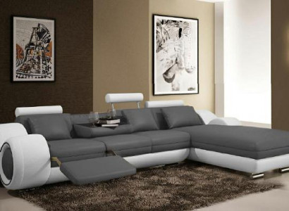 Ecksofa Wohnlandschaft Couch Ledersofa Sofa Polster Garnitur Ecke - Grau-Weiß