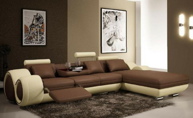 Ecksofa Wohnlandschaft Couch Ledersofa Sofa Polster Garnitur Ecke - Grau-Weiß