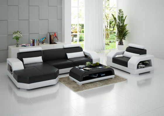 Ledersofa Couch Wohnlandschaft Ecksofa + Sessel Garnitur Design Modern LED USB