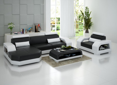 Ledersofa Couch Wohnlandschaft Ecksofa + Sessel Garnitur Design Modern LED USB