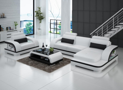 Ledersofa Couch Wohnlandschaft Ecksofa + Sessel Garnitur Modern Sofa LED + USB