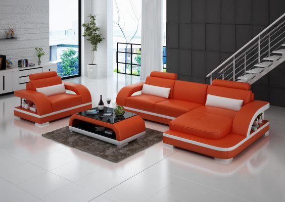 Ledersofa Couch Wohnlandschaft Ecksofa + Sessel Garnitur Modern Sofa LED + USB