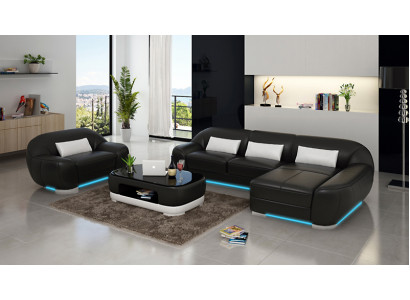 Ledersofa Couch Wohnlandschaft Ecksofa + Sessel Eck Garnitur Design Sofa mit USB