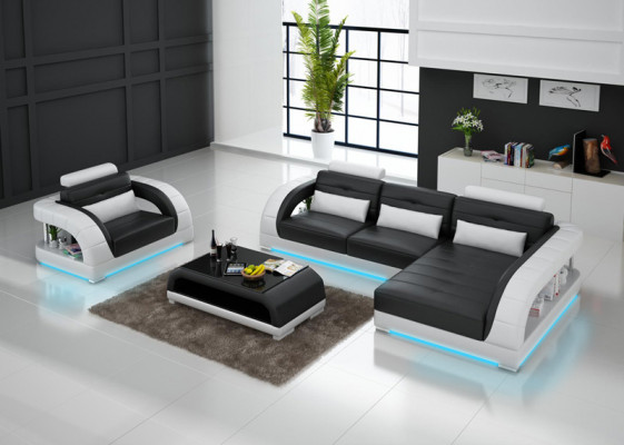 Ledersofa Couch Wohnlandschaft Ecksofa + Sessel Neu Garnitur Design