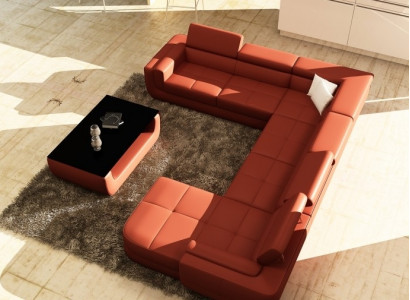 Polster Ledersofa Sofa + USB Wohnlandschaft U Form XXL Big Orange Couch Ecksofa