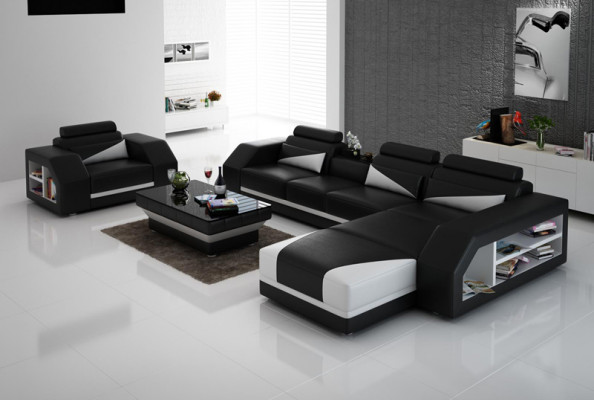 Ledersofa Couch Wohnlandschaft Ecksofa + Sessel Eck Design Modern Sofa LED USB
