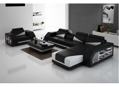 Ledersofa Couch Wohnlandschaft Ecksofa + Sessel Eck Design Modern Sofa LED USB