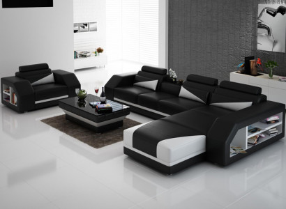 Ledersofa Couch Wohnlandschaft Ecksofa + Sessel Eck Design Modern Sofa LED USB