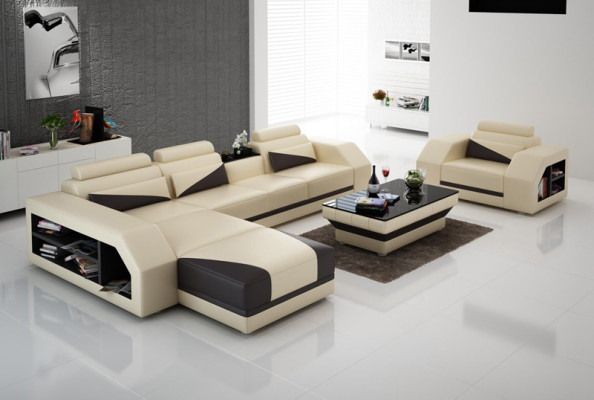 Ledersofa Couch Wohnlandschaft Ecksofa + Sessel Eck Design Modern Sofa LED USB