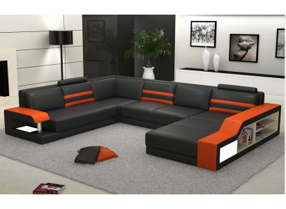 Designersofa Ecksofa mit USB,Ledersofa Polster Sitz Eck Garnitur LED Couch