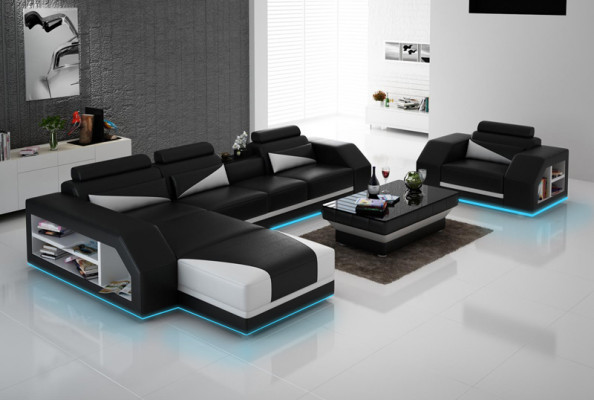Ledersofa Couch Wohnlandschaft Ecksofa + Sessel Eck Design Modern Sofa LED USB