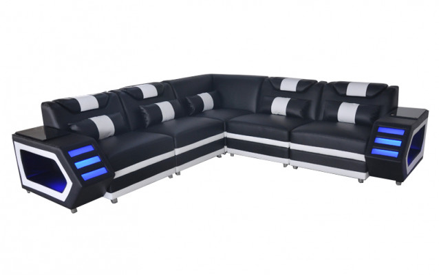 Design Leder Polster Sitz Ecke Couch Polster Eck Landschaft Wohn Sofa USB LED