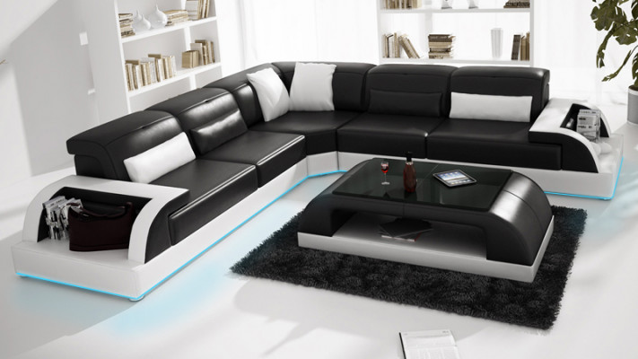 Ledersofa Couch Wohnlandschaft Ecksofa Eck Garnitur Design Modern Sofa USB Weiß