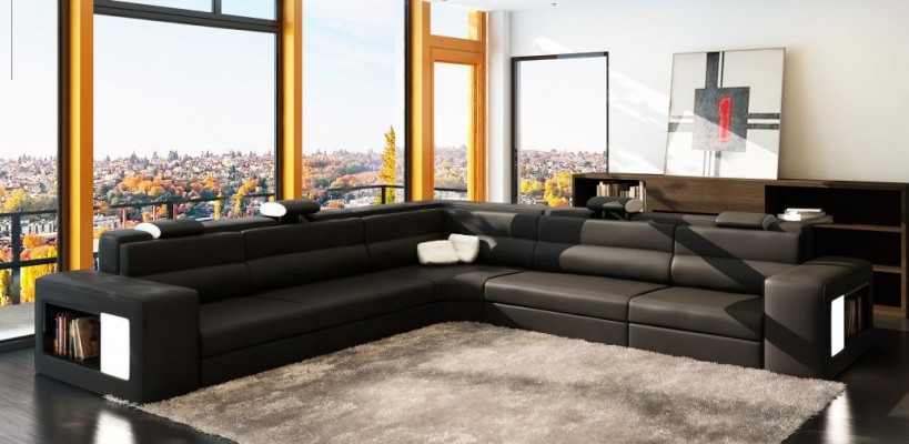 Ledersofa Sofa mit USB Ecksofa Sitz Polster Wohnlandschaft XXL Big Weiden Black