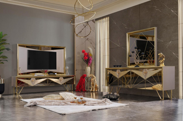 Sitzgarnituren Schrank Schrank Kommode TV-Kommode im exquisiten Design mit goldfarbenen Elementen