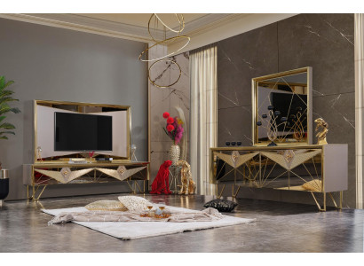 Sitzgarnituren Schrank Schrank Kommode TV-Kommode im exquisiten Design mit goldfarbenen Elementen
