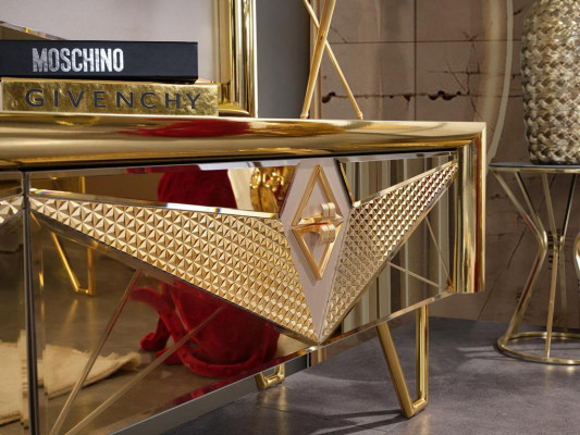 Sitzgarnituren Schrank Schrank Kommode TV-Kommode im exquisiten Design mit goldfarbenen Elementen