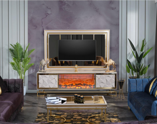 Kamin Wandgestell für Fernseher mit Kaffeetisch Set in elegantem Premium-Design aus Edelstahl