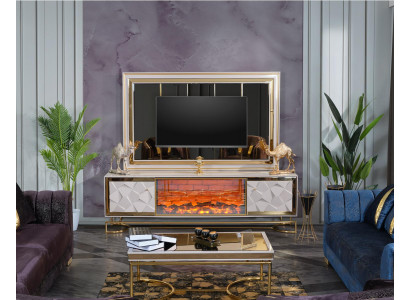 Kamin Wandgestell für Fernseher mit Kaffeetisch Set in elegantem Premium-Design aus Edelstahl