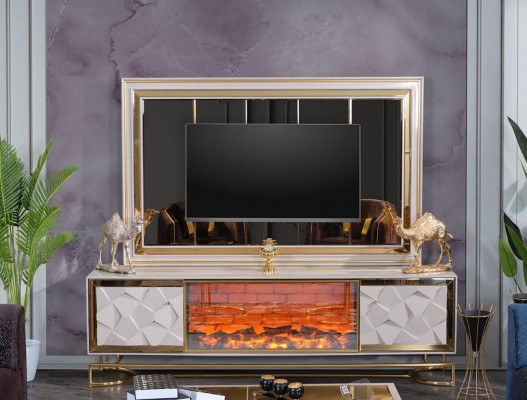 Kamin Wandgestell für Fernseher mit Kaffeetisch Set in elegantem Premium-Design aus Edelstahl