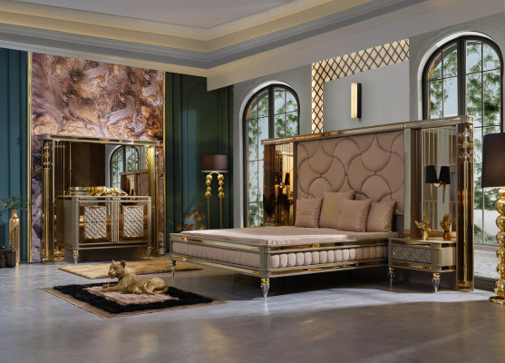 Designer-Schlafgarnitur Doppelbett Nachttische Kommode mit Premium-Spiegel