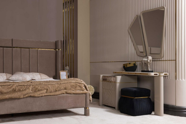 Schlafzimmer Set Bett 2x Nachttisch Kleiderschrank Schminktisch mit Spiegel 5tlg Neu